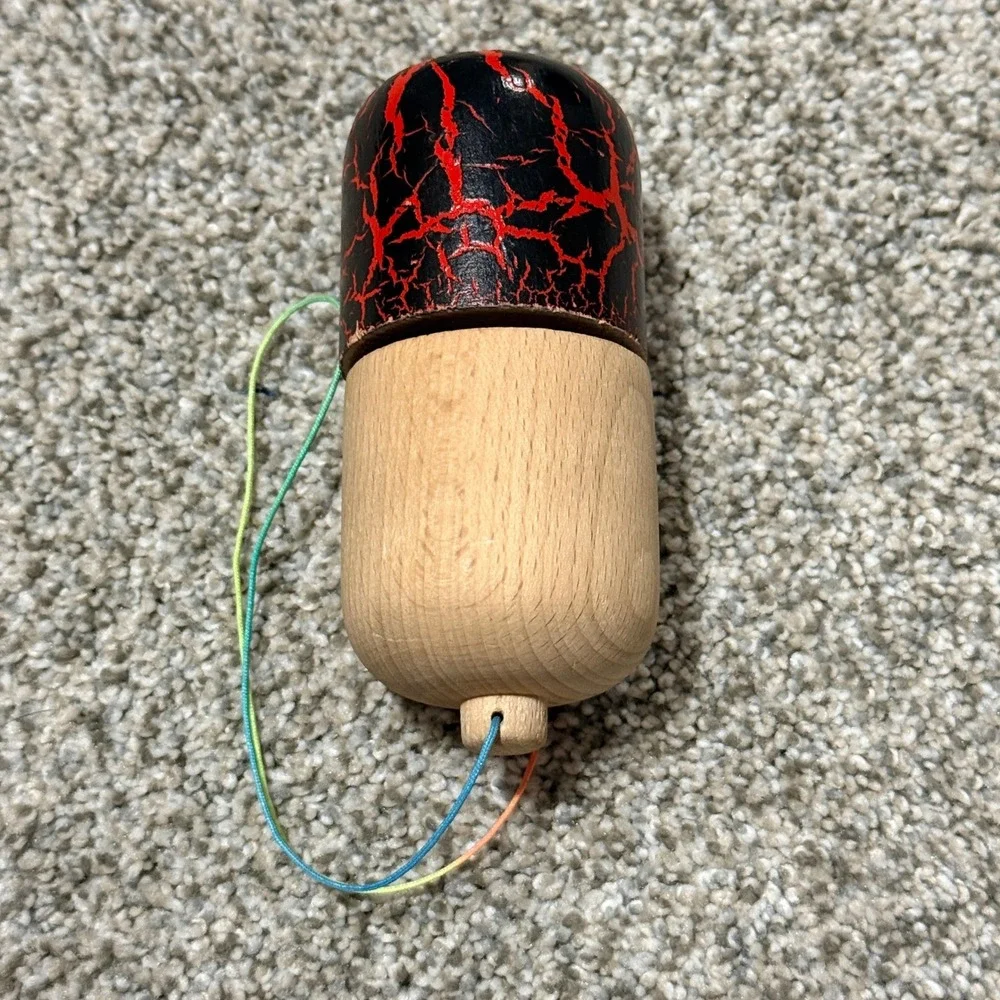 Wooden Kendama Skill Toy Lot of 2 Japanese Cup Ball Game Black Red Crackle